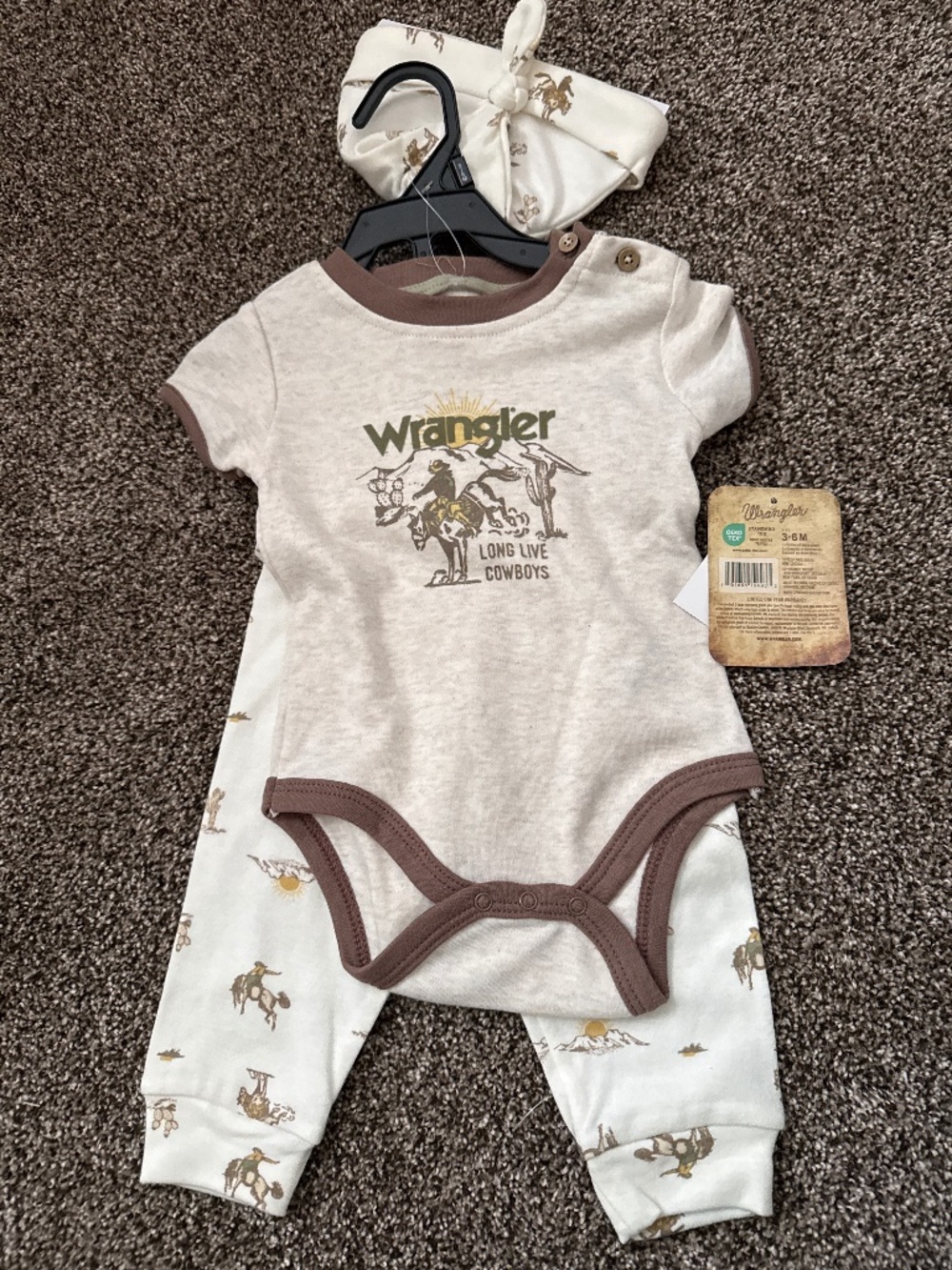 Wrangler Baby 3-Piece Set Onesie Pants Headband 3-6 Months Western NWT